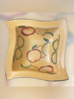 Vtg WCL Apple Bowl Hand Painted 9" Square 3" Deep Red Green Apples Blue Trim